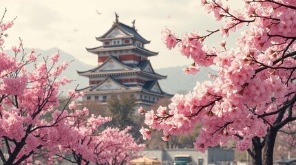 view of the old castle in Japan with the beauty of cherry blossoms