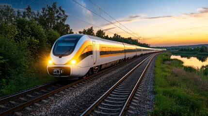 Fototapeta premium Scenic railways concept. A sleek train travels along tracks beside a river at sunset, surrounded by lush greenery, showcasing modern transportation and scenic beauty.
