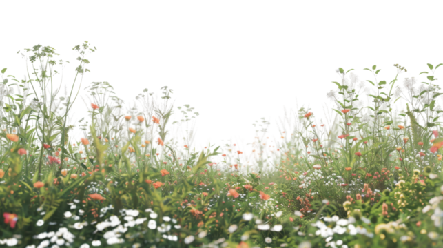 Wildflowers and grass swaying gently in the breeze on transparent background