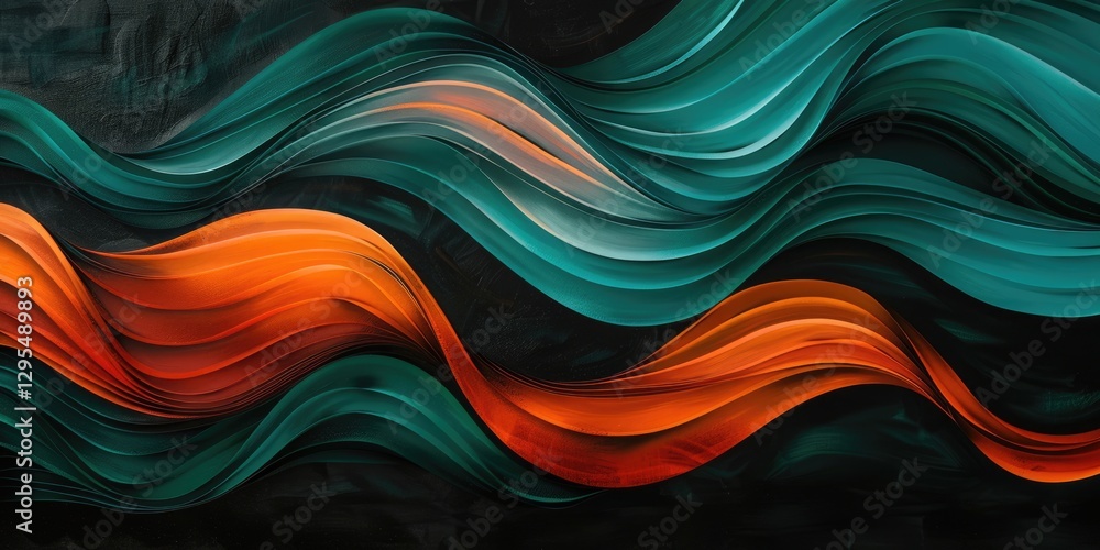Poster 3d layered abstract waves in turquoise and orange on a dark background. background image of abstract