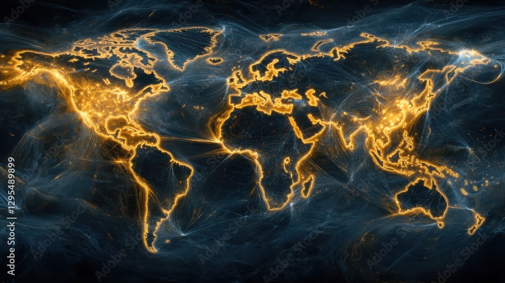 Poster a futuristic map of the world with interwoven glowing internet connections and data hubs.