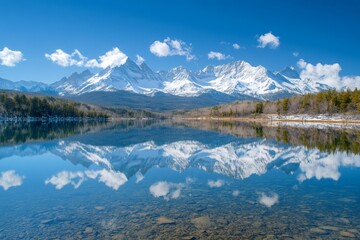 Sawtooth Mountains reflecting in the clear water of a Little Redfish Lake in Idaho