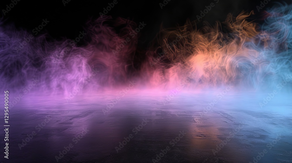 Poster vibrant swirl of multicolored smoke hovering over a dark floor with misty fog, isolated on a black b
