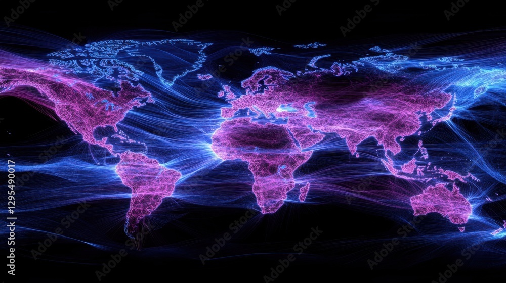 Poster a futuristic map of the world with pulsating network links, illustrating the spread of information a