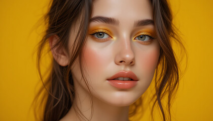 Fototapeta premium Close up photogenic girl model with yellow makeup and yellow flower face makeup brown hair HD and 4k image