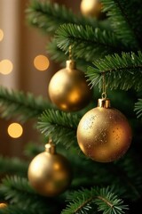 Obraz premium Golden metallic Christmas ornaments hanging from a festive green branch, confetti, christmas