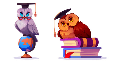 Smart owl characters set isolated on white background. Vector cartoon illustration of wise bird in academic hat sitting on globe and stack of books, cute school education mascot, knowledge symbol