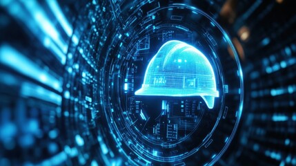 A futuristic warning screen flashing a glowing digital hardhat icon, symbolizing workplace safety in a high-tech environment