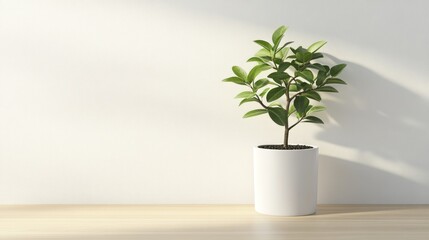 Potted green plant sits on a light wooden surface