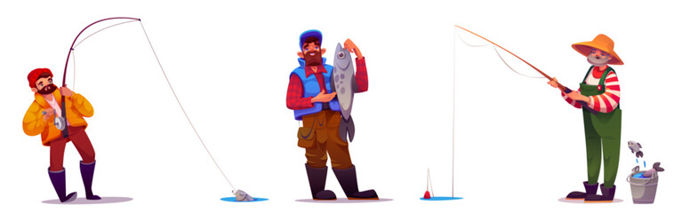 Men fishing set isolated on white background. Vector cartoon illustration of fishermen catching fish with rods, male characters with gear enjoying hobby on river, summer outdoor activity on water