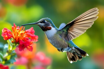 Fototapeta premium Hummingbird flying and drinking nectar from a red flower