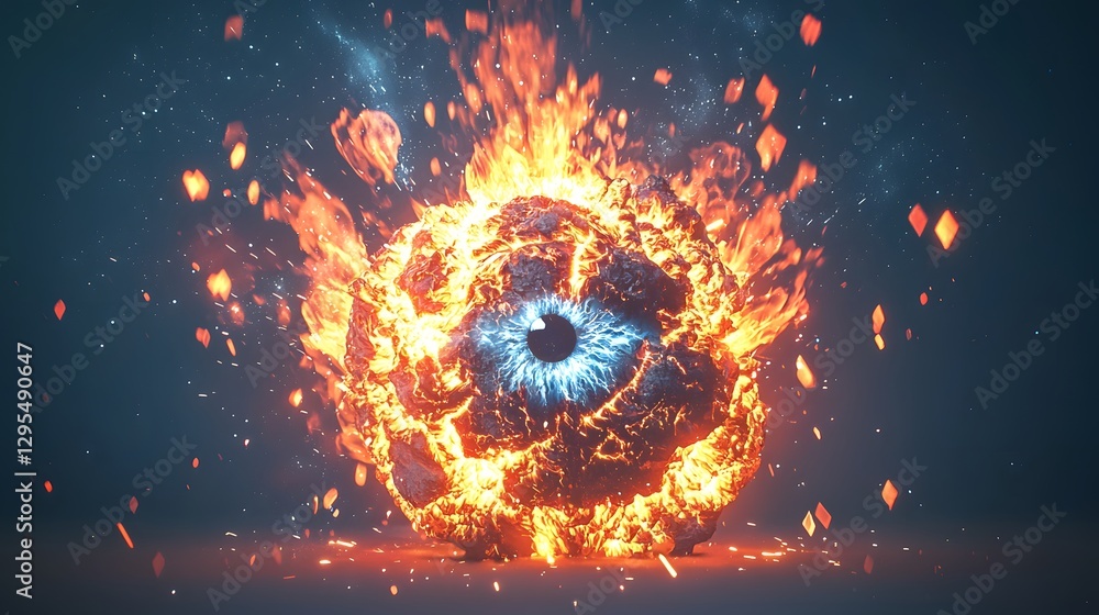 Wall mural abstract visual of a fiery explosion centered around an eye with dark background and vibrant colors