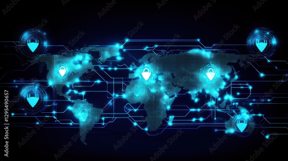 Poster a futuristic world map with glowing cybersecurity grids, highlighting the importance of global data 