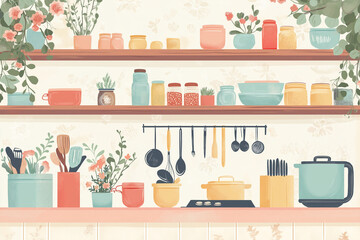 Cozy and stylish illustration of a well-organized kitchen with shelves, cookware, jars, utensils, and decorative plants, creating a warm and inviting atmosphere