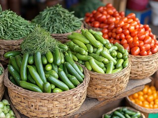 Abundance of Fresh Vegetables in Woven Baskets at a Vibrant Market Displaying Zucchini Tomatoes and Beans