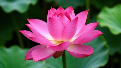 A vibrant pink lotus flower in full bloom with lush green leaves in the background.
