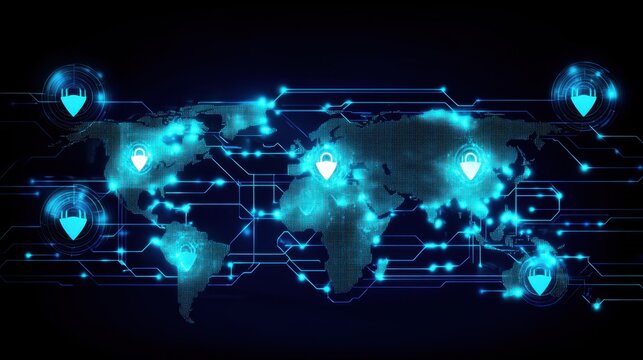 A futuristic world map with glowing cybersecurity grids, highlighting the importance of global data encryption