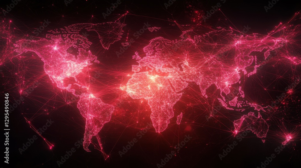 Poster a futuristic world map with glowing interconnected lines, representing a complex global communicatio