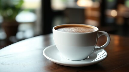 White coffee cup on a round wooden table with a saucer