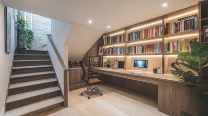 Modern Basement Home Office with Built In Bookshelves