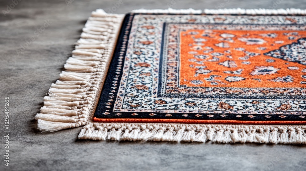 Poster elegant orange and blue patterned carpet with intricate design and fringe on a modern concrete floor