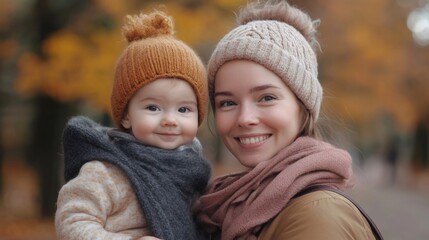 Obraz premium Mother holding her baby smiling in autumn park