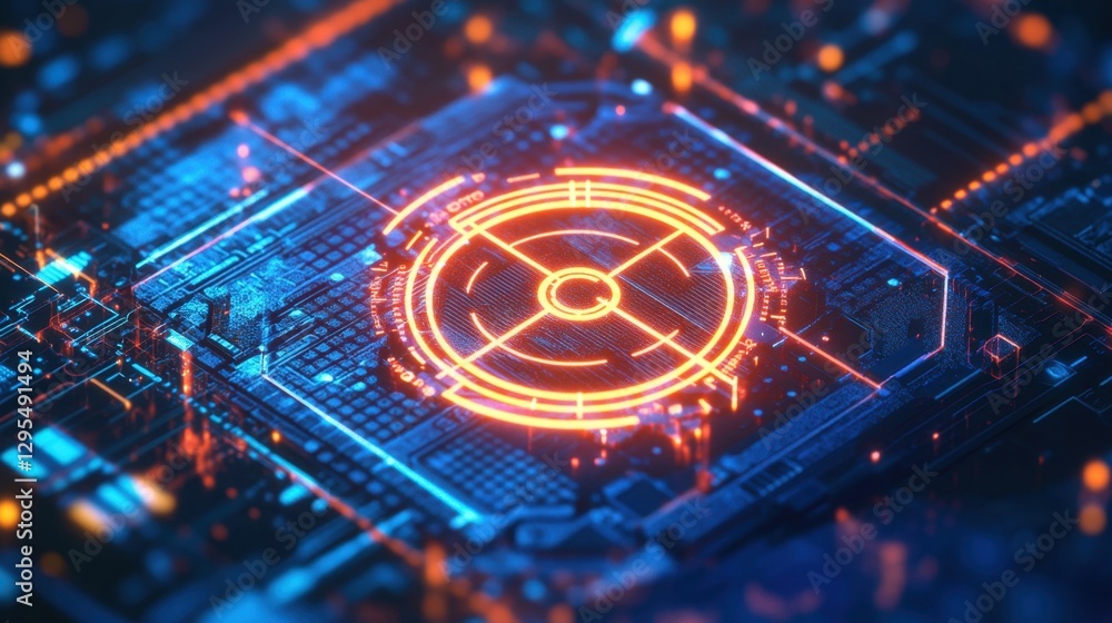 Poster a glowing crosshair icon centered on a futuristic computer screen, symbolizing precision digital tar