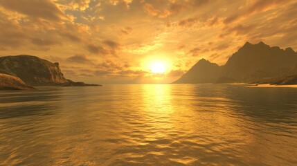 Golden sunset over calm sea with mountains in background