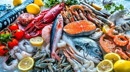 Assorted Fresh Seafood Display With Lemons And Tomatoes On Ice In A Vibrant Culinary Presentation