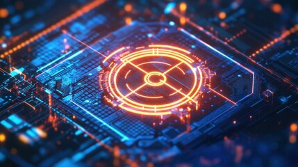 A glowing crosshair icon centered on a futuristic computer screen, symbolizing precision digital targeting in a high-tech environment