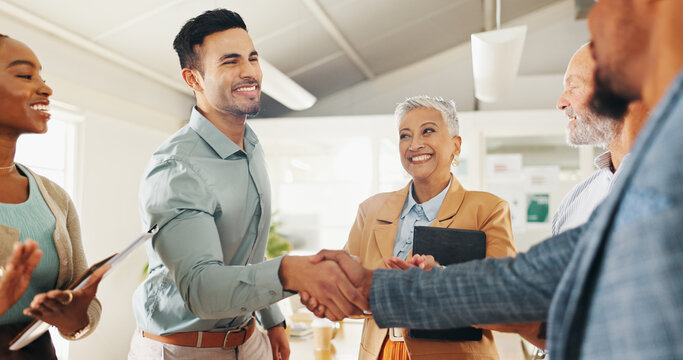 Welcome, handshake or business people with applause in office celebration for interview, onboarding or recruitment success. Thank you, praise and team clapping for man shaking hands for hr contract - Powered by Adobe