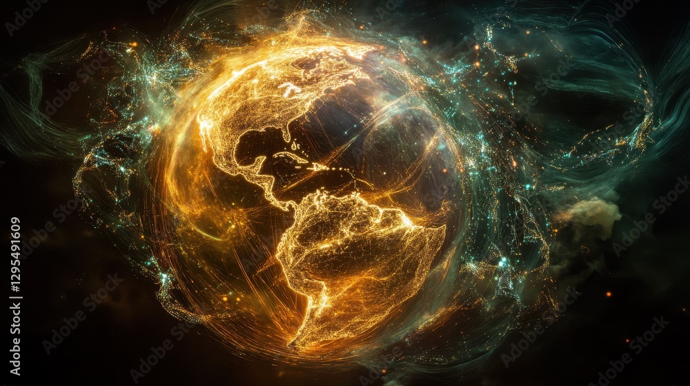 Poster a glowing digital earth with crisscrossing data lines, showcasing the complexity of international ne