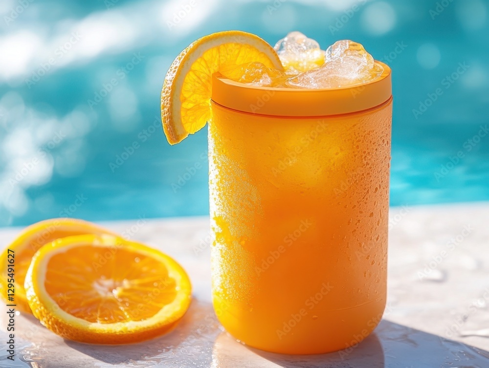 Poster refreshing orange juice with ice cubes by the pool on a bright sunny day with summer vibes and clear