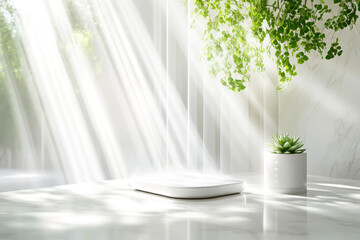 A serene indoor scene featuring sunlight streaming through, illuminating a minimalist space with a plant and a soft cushion.