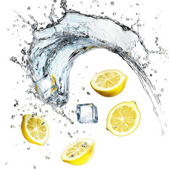 A visually striking digital illustration of a water splash forming a sleek arc, accompanied by floating lemon slices and ice cubes, designed in a clean, transparent background, PNG