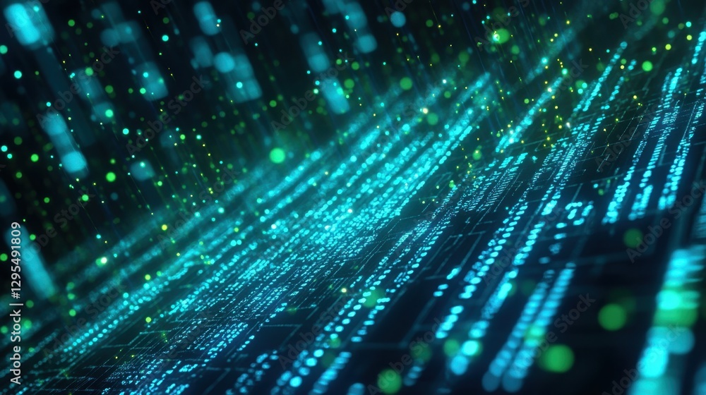 Poster a glowing digital stock market graph with binary code overlay, blue and green neon financial data, f