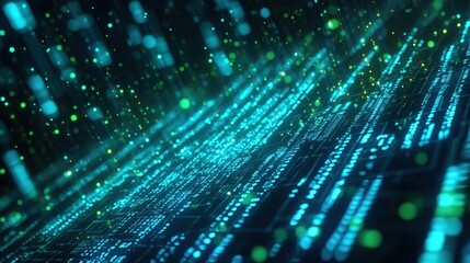 A glowing digital stock market graph with binary code overlay, blue and green neon financial data, futuristic fintech background