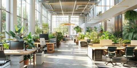 In a modern office, humans and AI work collaboratively on projects. Natural light, green plants, and ergonomic furniture create a welcoming atmosphere. AIG60