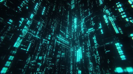 A glowing digital stock market graph with binary code overlay, blue and green neon financial data, futuristic fintech background