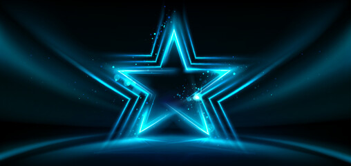 Neon star stage with glowing blue light effects and particles on dark background. Luminous geometric shape platform with sparkles for awards ceremony, music performance or entertainment showcase. © klyaksun
