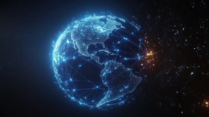 A glowing Earth with interconnected blue cyber lines, representing global cybersecurity and secure data transfer