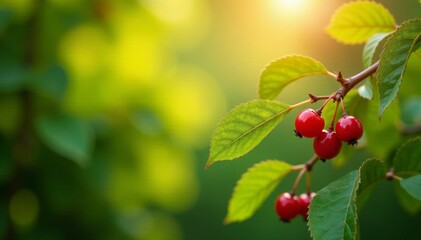 Fototapeta premium Sun-dappled branches laden with red berries and green leaves , outdoors, tree, berries