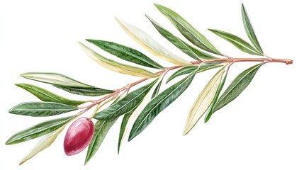 Fresh Olive Branch with Green Leaves and Ripe Fruits Against a White Background