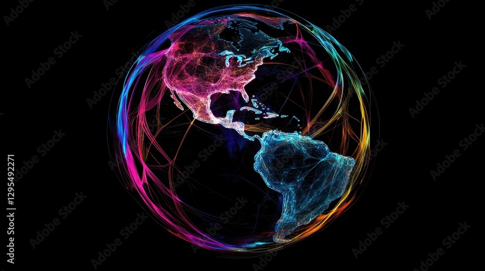 Poster a glowing earth with vibrant lines connecting continents, symbolizing global data flow and analytics