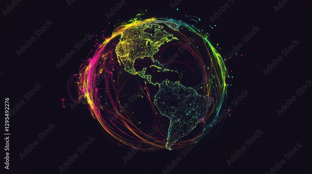Poster a glowing earth with vibrant lines connecting continents, symbolizing global data flow and analytics