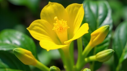Obraz premium A vibrant yellow flower with buds and green leaves, showcasing the beauty of nature.