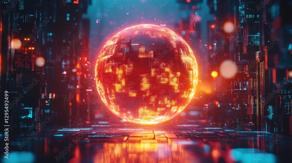 Poster a glowing planet with protective digital barriers and encrypted connections, symbolizing secure inte