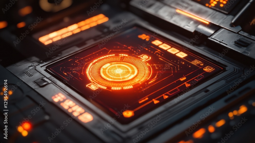 Poster a glowing target lock interface on a digital control panel, emphasizing accuracy, tracking, and prec