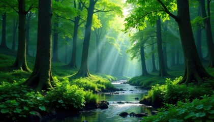 Obraz premium Lush forest with tall trees and winding streams, river, trees