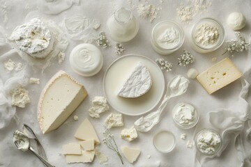 Delicious array of white dairy products creamy cheeses, yogurt, and butter on a gray table